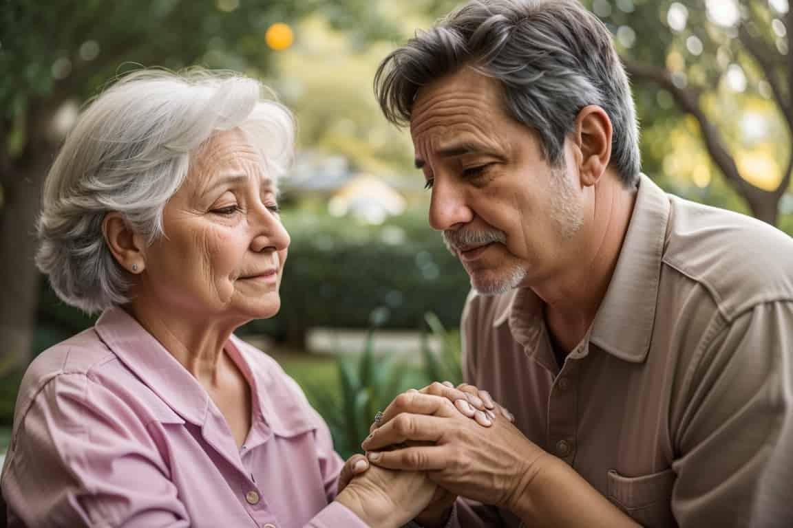 Son Trying To Console Teary Eyed Mother